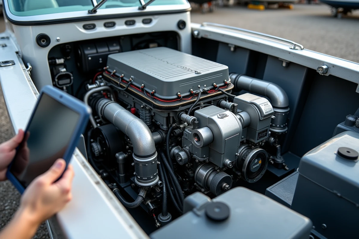 Détail d'un système de propulsion hybride marin ouvert dans un chantier naval avec tablette de diagnostic