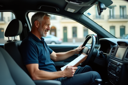 Conducteur de taxi parisien souriant dans sa voiture
