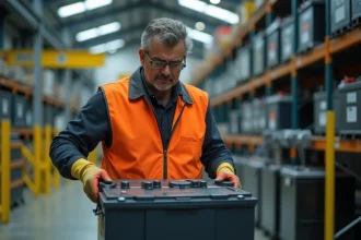 Technicien en recyclage manipulant une batterie lithium-ion automobile dans un centre de traitement industriel Derichebourg