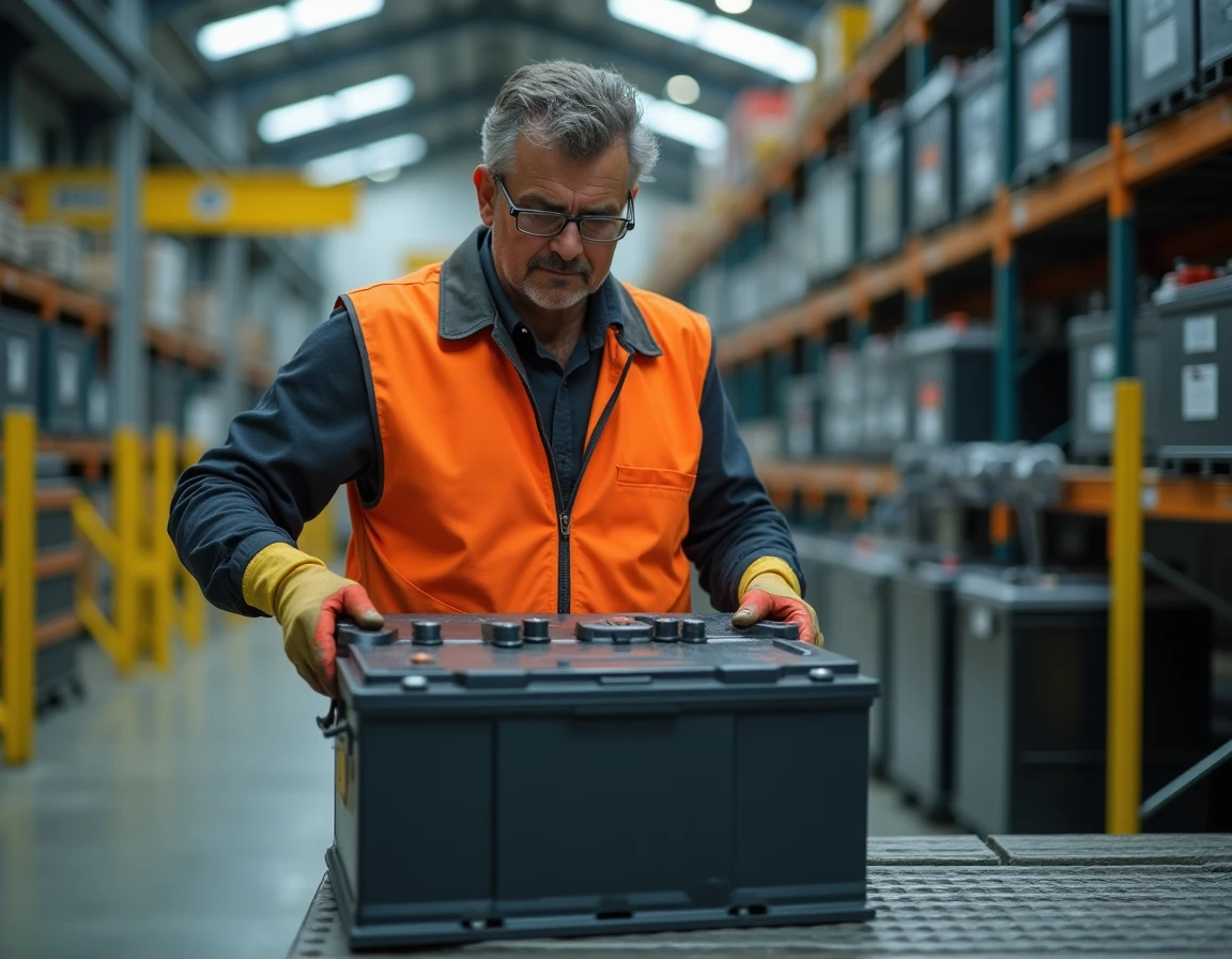 Technicien en recyclage manipulant une batterie lithium-ion automobile dans un centre de traitement industriel Derichebourg