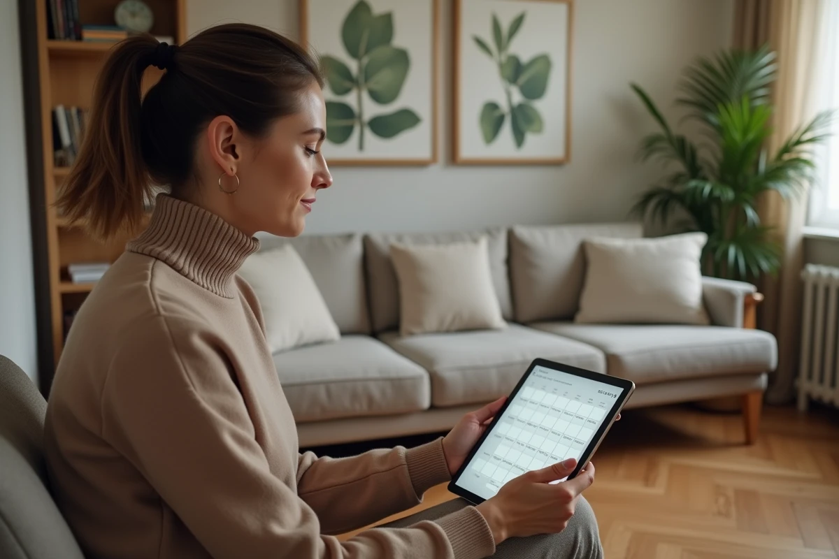 Thérapeute indépendante consultant son planning de rendez-vous complet sur tablette dans un cabinet de consultation chaleureux