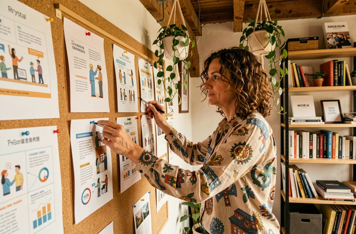Professionnelle de Toile de Com organisant des supports de campagne de communication dans un studio créatif chaleureux