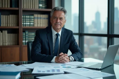 Dirigeant d'entreprise assis à un bureau exécutif avec des documents corporatifs illustrant la transparence des dirigeants