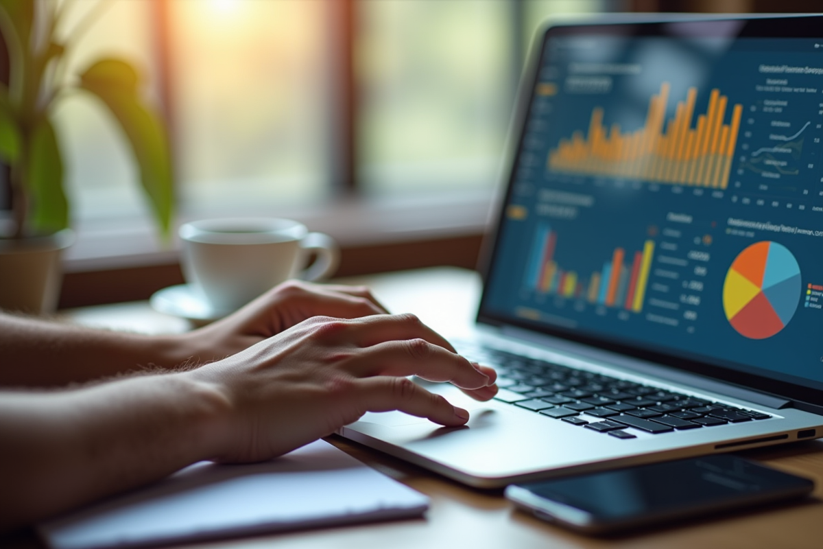 Mains tapant sur un ordinateur portable avec tableau de bord marketing numérique