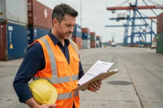 Travailleur portuaire en gilet haute visibilité consultant des documents sur un chantier portuaire industriel
