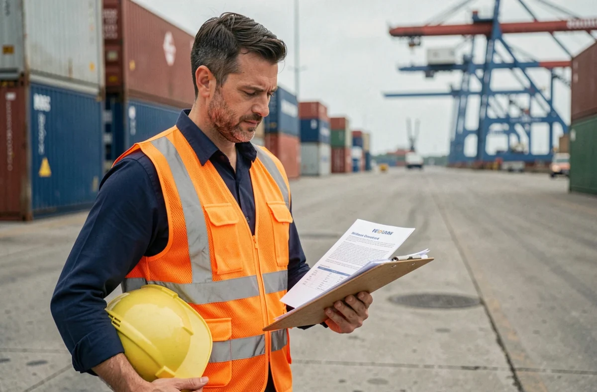 Travailleur portuaire en gilet haute visibilité consultant des documents sur un chantier portuaire industriel