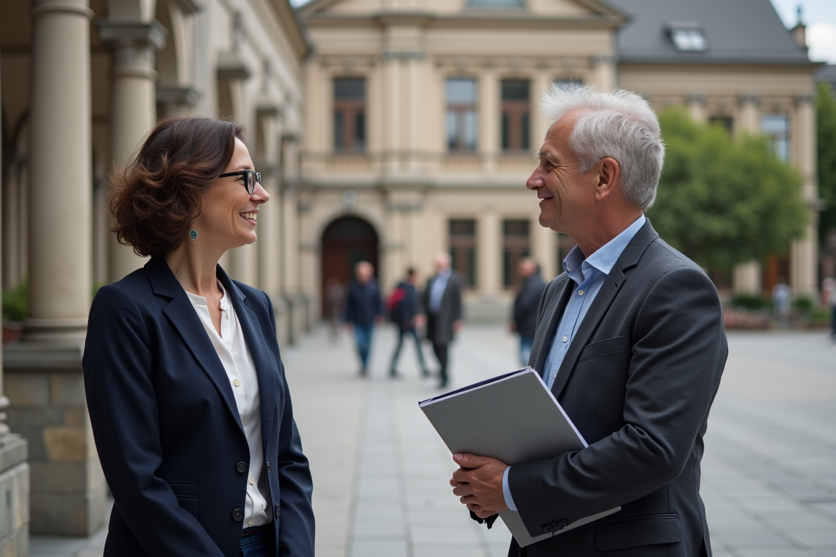 Urbaniste discutant devant la mairie avec un homme
