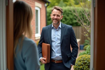 Vendeur porte-à-porte professionnel accueilli positivement par une cliente à la porte de sa maison