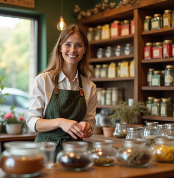 Vendre des tisanes : quel statut choisir pour ce commerce ? Vendeur de thé arrangeant des paquets de tisanes colorés dans une boutique lumineuse