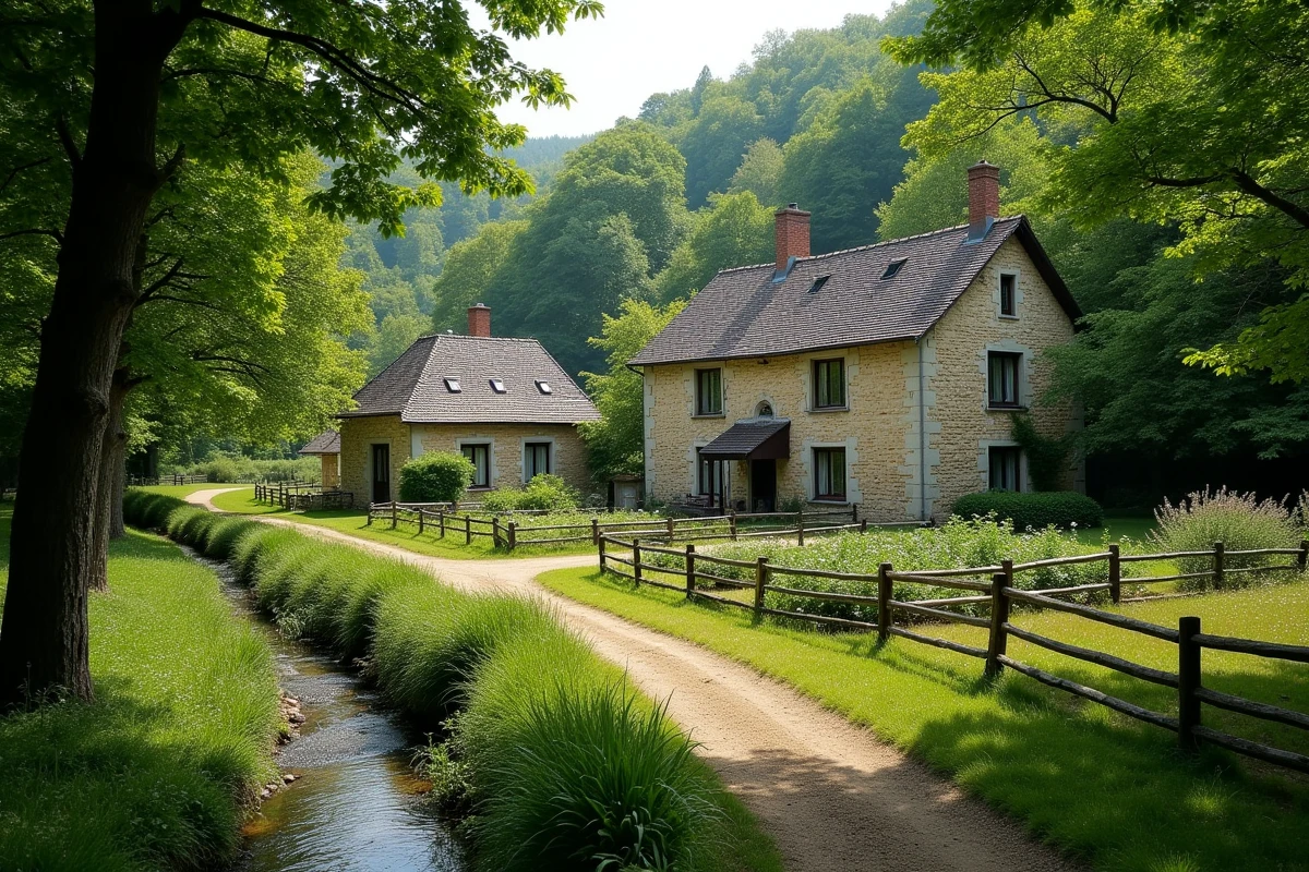 Vue panoramique de la Ferme du Fays nichée dans un vallon boisé belge, bâtiments en pierre et jardin potager entourés d'arbres et d'un ruisseau