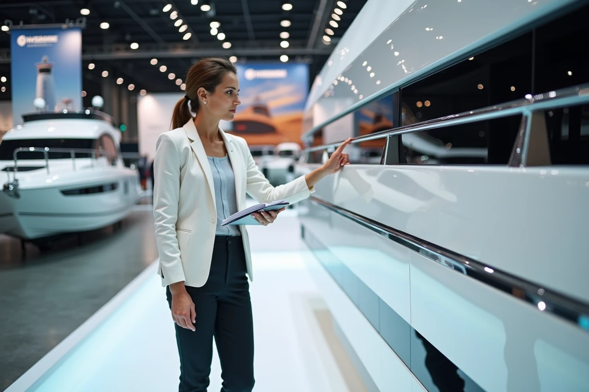 Commerciale présentant un yacht à motorisation hydrogène lors d'un salon nautique international